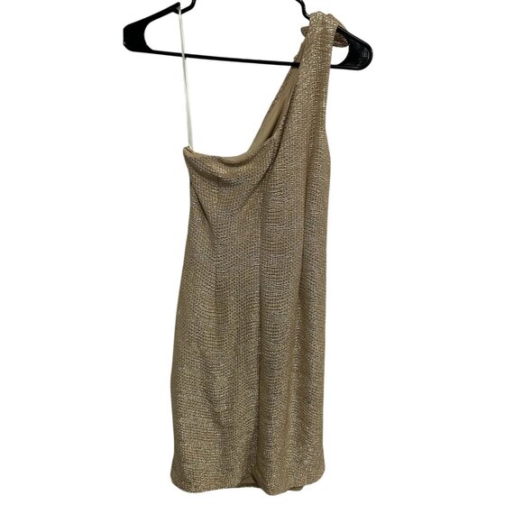 Xscape Gold One Shoulder Draped Cocktail Dress Embellished Detail Size 4 - Picture 2 of 10